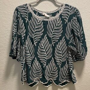 Embroidered Leaf Peasant Top - Teal & White